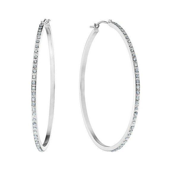 Large Hoop Earrings in 14K White Gold (1 3/4 inch) with Diamond Accents for Women