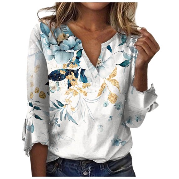 LEAVINGSUO Fall Winter V Neck Long Tops for Women, Womens Tops Clearance Fashion Woman V Neck Three Quarter 3/4Sleeve T Shirt AutumnBlouse Tops Sweatshirt