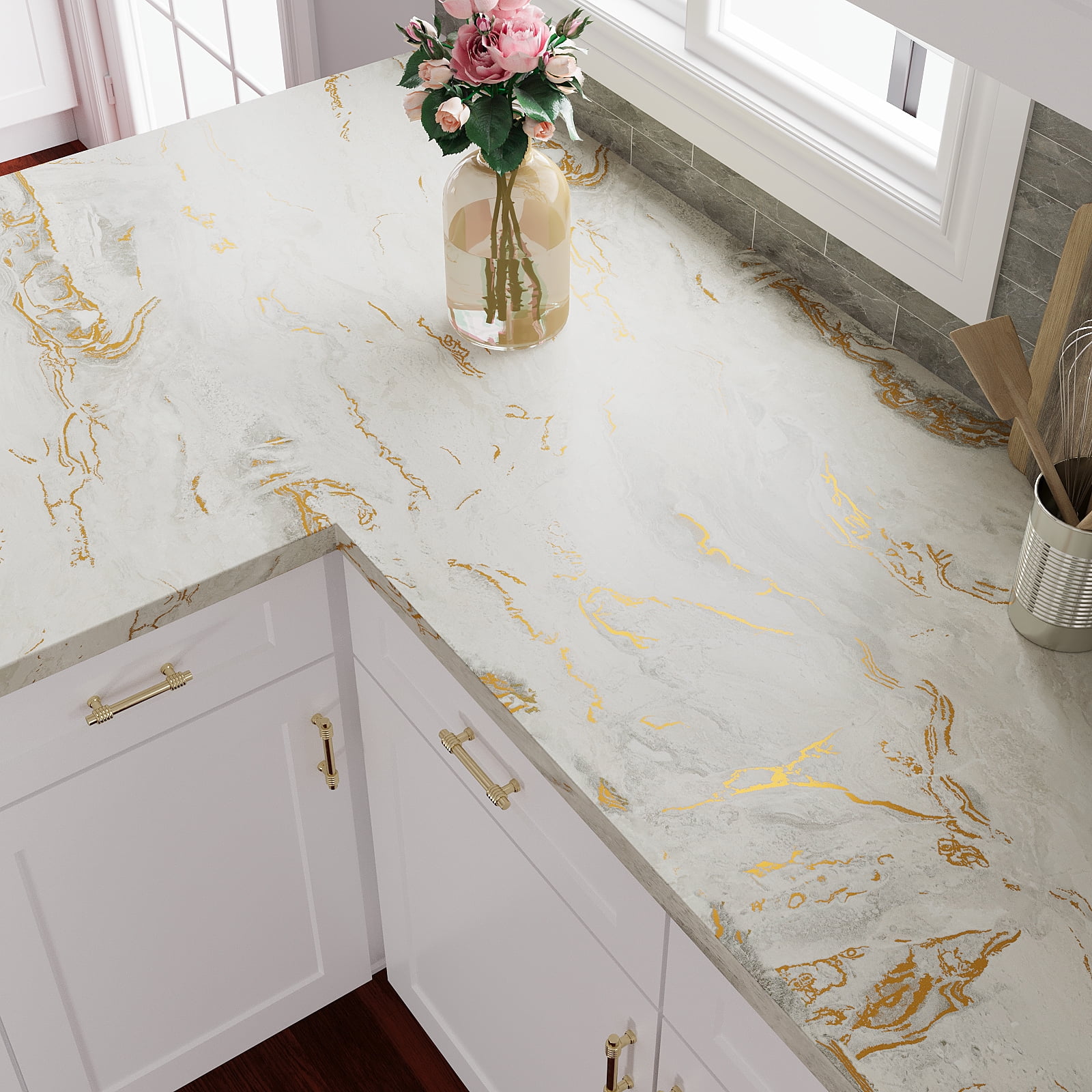 VEELIKE Matte Beige Gold Marble Countertop Contact Paper for Countertop Waterproof Peel and Stick Granite Marble Wallpaper for Kitchen Self Adhesive Countertop Covers for Bathroom Walls 15.7"x354"