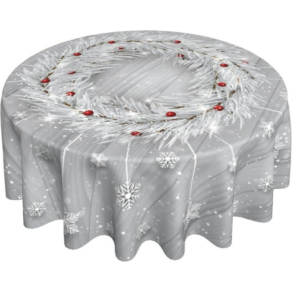 Silver Snowflakes Round Tablecloth 60Inch Christmas Winter Snow Table Cover with Xmas Tree Leaves Berry Table Cloth Heat Resistance Polyester Fabric for Kitchen Dining Camping Party Decor