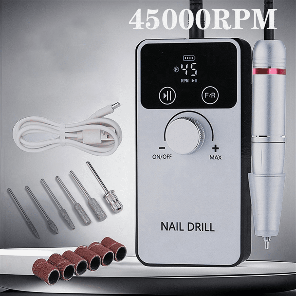 45000RPM Electric Nail Drill Machine Rechargeable Nail File Nails Accessories Gel Nail Polish Sander Low Noise