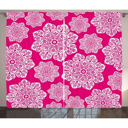 Hot Pink Curtains 2 Panels Set White Floral Design Ornate Mandala Inspired Round Motifs Traditional Pattern Window Drapes For Living Room Bedroom