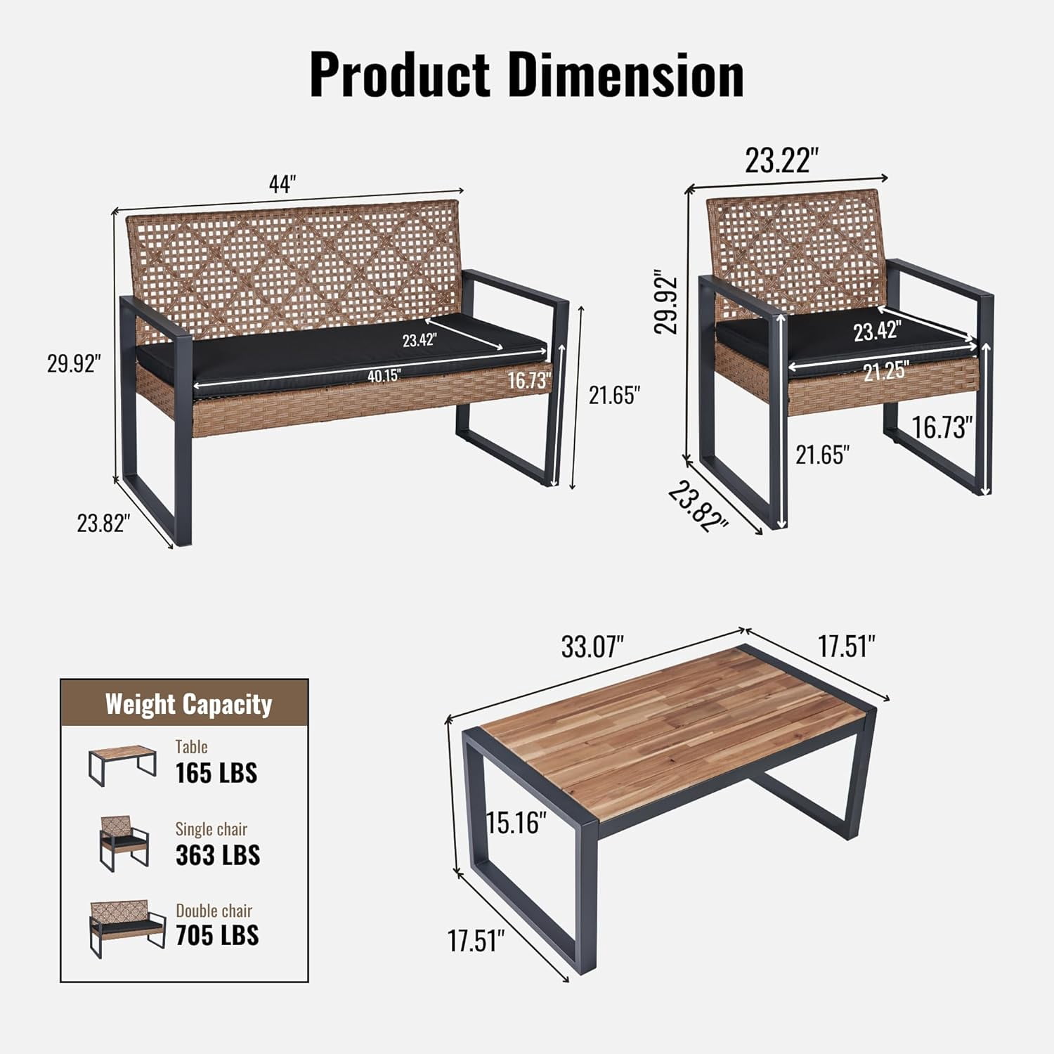 Howcool 4-Piece Outdoor Patio Furniture Set with Loveseat & 2 Chairs, Acacia Wood Coffee Table, All-Weather Rattan Conversation Set for Balcony Backyard (Black and Light Brown)