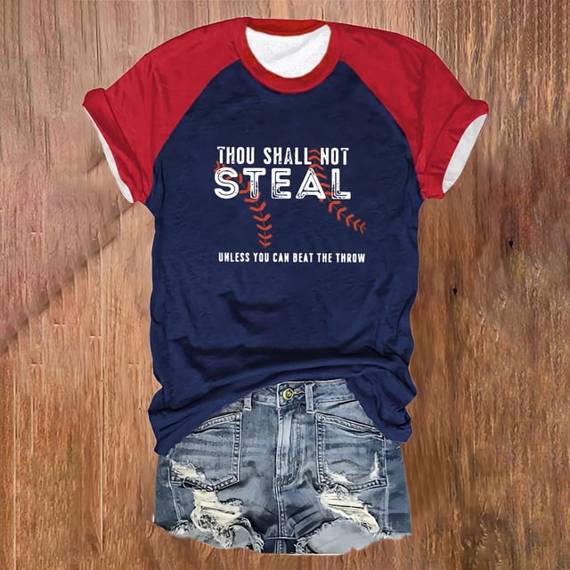 Hauts d'Été pour Femmes, Blouses Décontractées Élégantes 2024, T-Shirts à Blocs de Couleur Raglan Imprimé Lettres de Baseball Col Rond Manches Courtes Bronze
