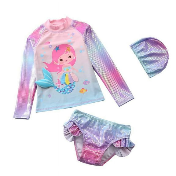 Uccdo Toddler Girls Rashguard Two Pieces Swimsuit Set Kids Cartoon Long Sleeve Bathing Suits Swimwear 1-10T