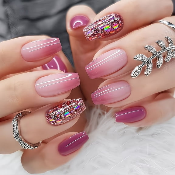24 Pieces Purple Gradient Glitter Press on Nails - Easy Application for Stunning Nail Art