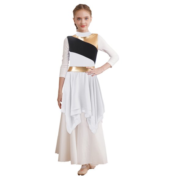 CHICTRY Kids Girls Lyrical Dance Dress Sleeveless Asymmetrical Chiffon Hem Praise Worship Dress White 8