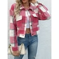 thumbnail image 3 of SEARIPE Women's Cropped Plaid Shacket Jacket Button Down Long Sleeve Flannel Shirt Jacket Coat Hot Pink S, 3 of 7