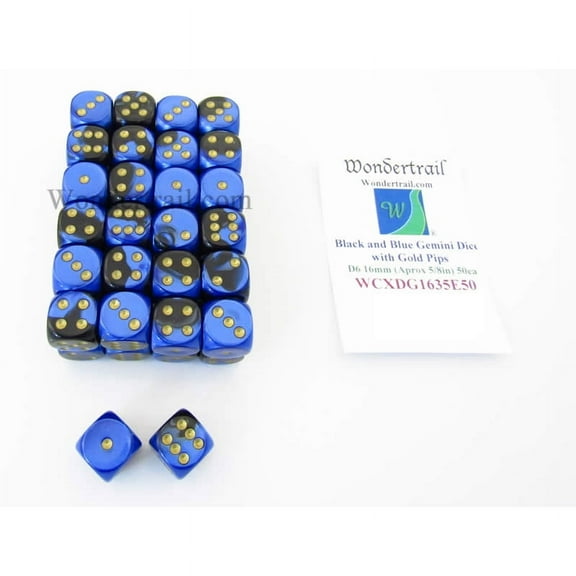 Black and Blue Gemini Dice with Gold Pips D6 16mm (5/8in) Bulk Pack of 50 Wondertrail