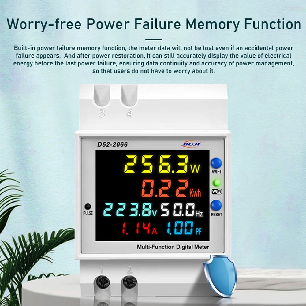 Electricity Meter Tuya Tuya WiFi Home Intelligent Digital Display Electricity Meter DIN-Rail Voltage and Current Meter Multi-function Power Factor Frequency Metering Meters with Power Failure Memory