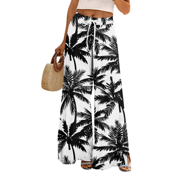 LWavelet Women's Drawstring Waist Palm Tree Print Wide Leg Pants with Split Detail for Beach & Vacation Wear White M