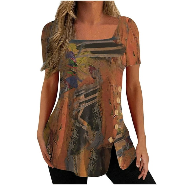 Cameland Mode Femme Blouse Décontractée à Imprimé T-Shirt à Manches Courtes Été Hauts à Boutons