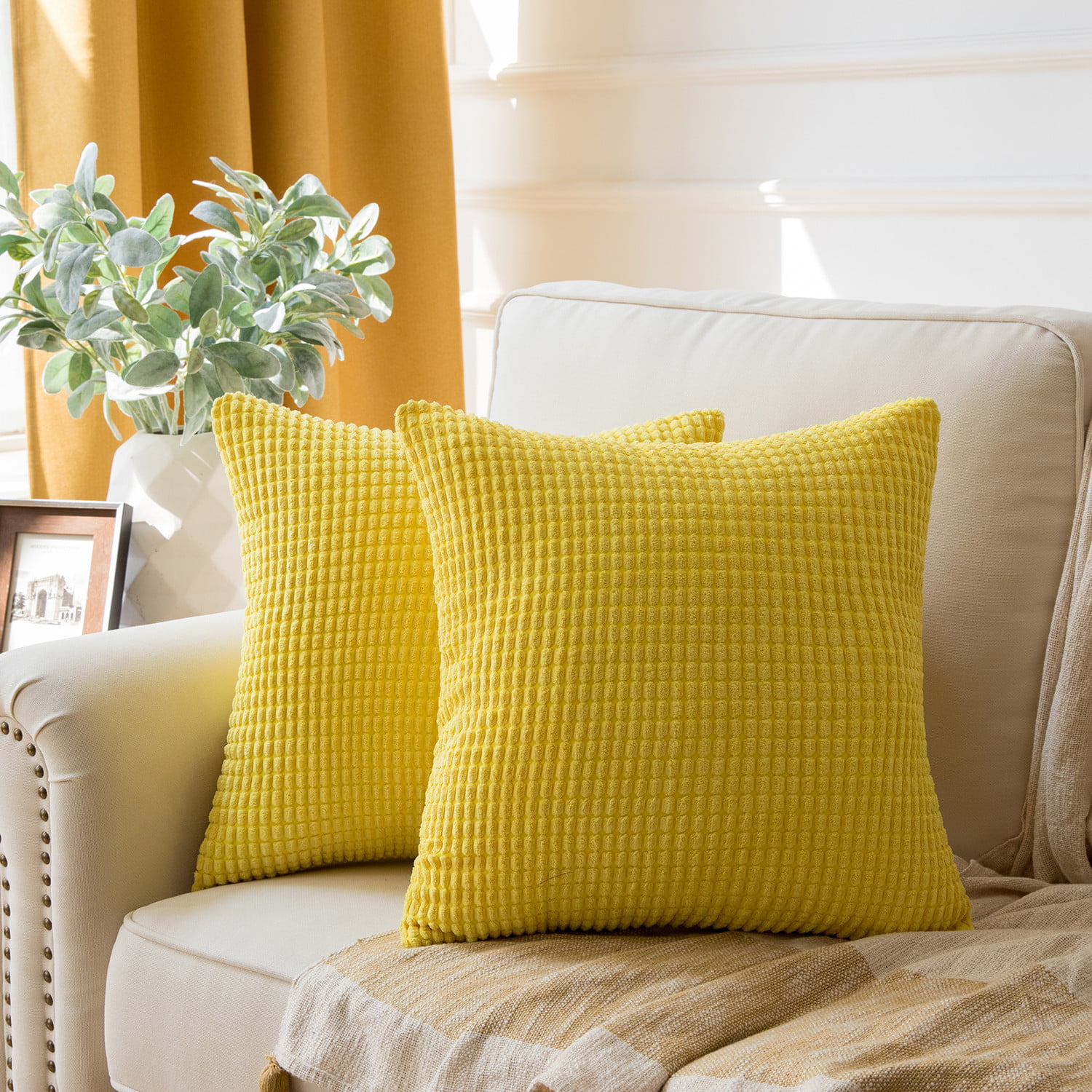 2Pcs Yellow Gold Pillow Shells Cushion Covers Corn Soft Corduroy Striped 22x22" 