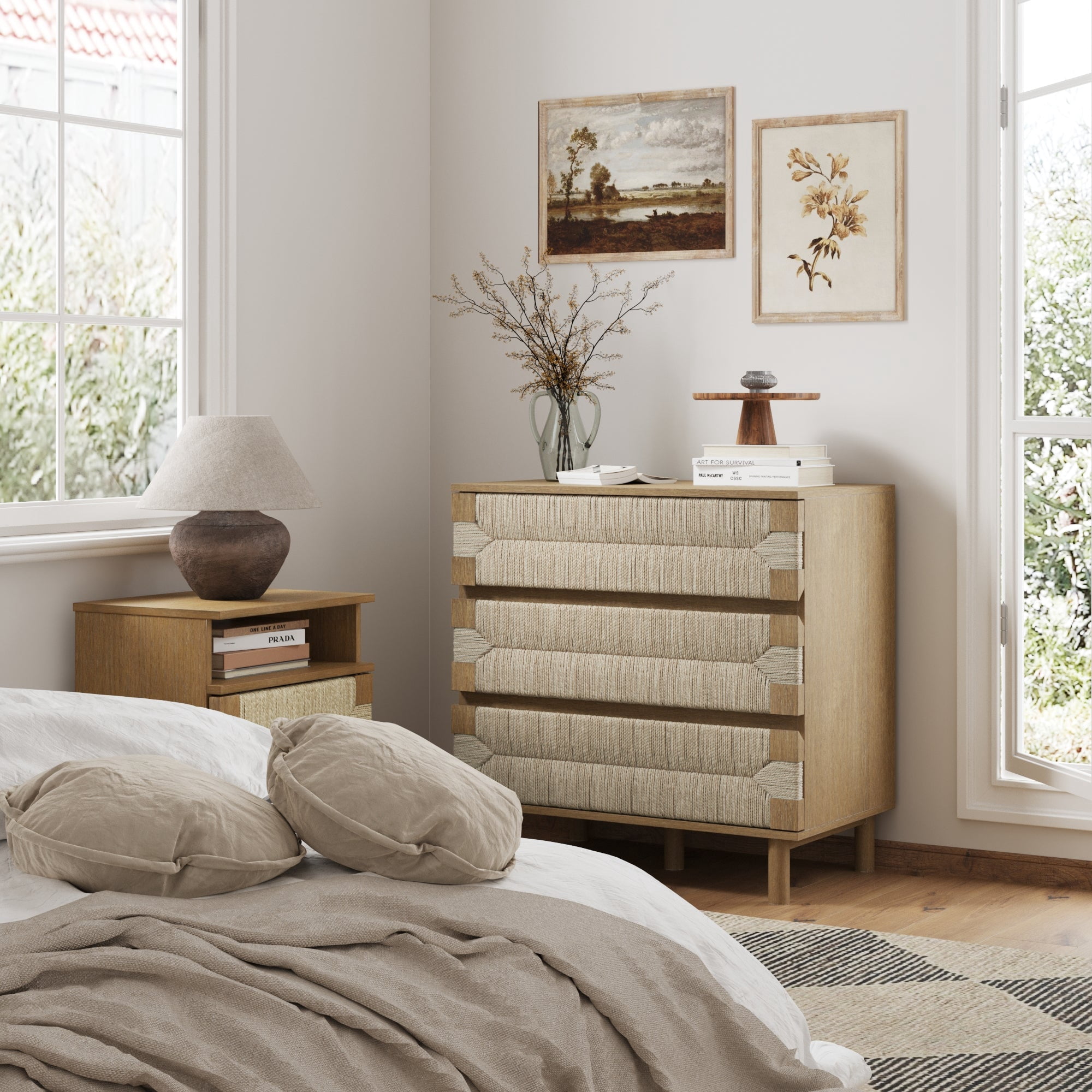 Nathan James Beacon 3 Drawer Dresser, Light Brown Boho Dresser, Bohemian Woven Seagrass Bedroom Dresser