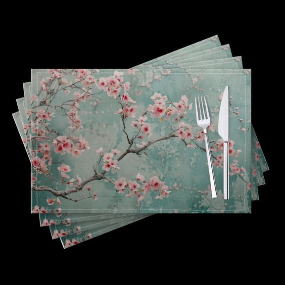 BaHomeck placemats Set of 4 Delicate Pink Cherry Blossoms Adorn Aqua-Colored Wall Cotton Linen rectangle Placemats for Kitchen Dining Table Indoor,Outdoor,18*12inch