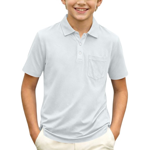 Boys Short Sleeve Polo Shirt Kids Casual Button-Down Collared Top with Chest Pocket and Side Slit Breathable School Uniform & Everyday Wear for Children 140