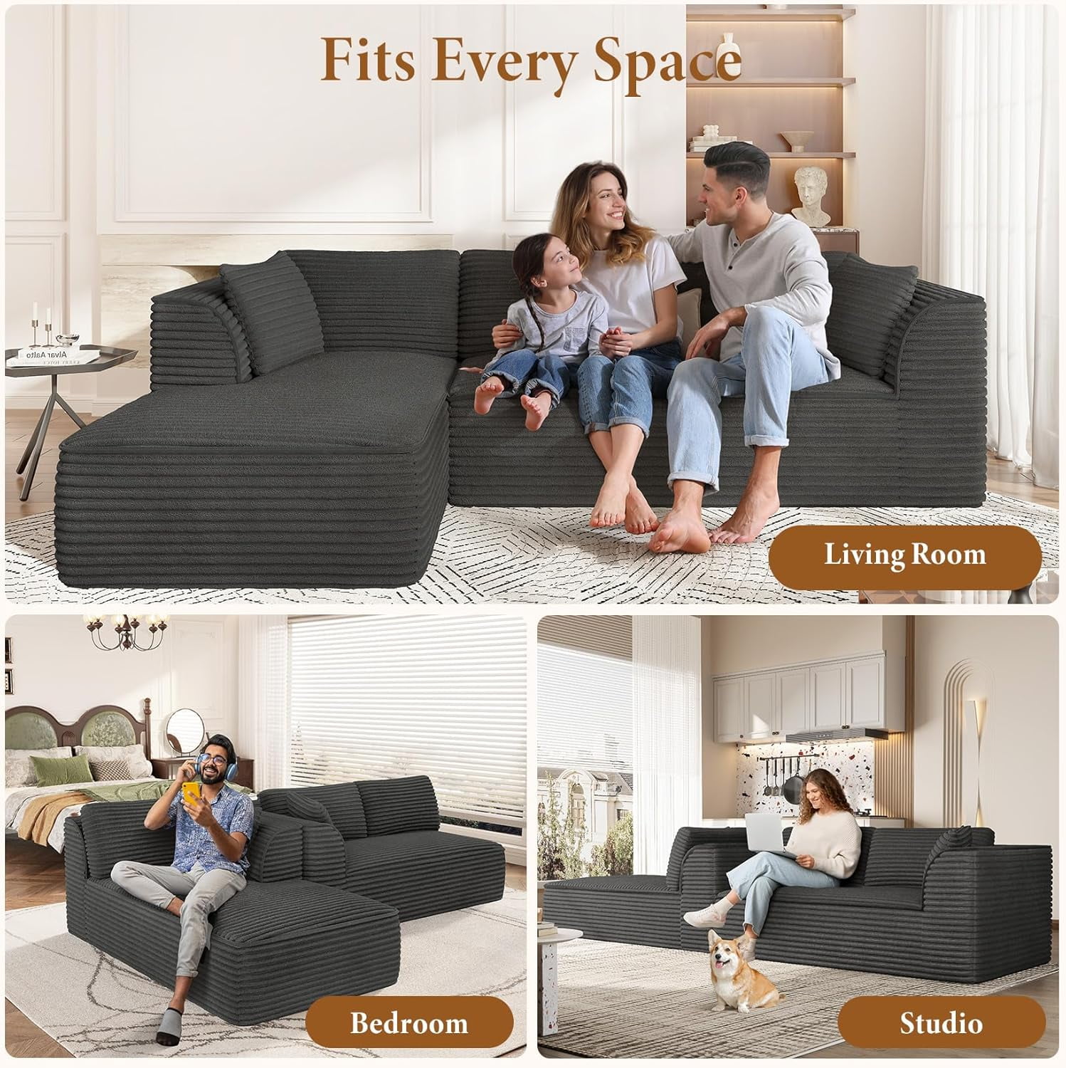 Neche 106" Boneless Couch with Chaise, Deep Seat Comfy Cloud Modular Sofa Corduroy Memory Foam Sectional Couches for Living Room Bedroom, No Assembly Required (Grey, Left-Facing Chaise)