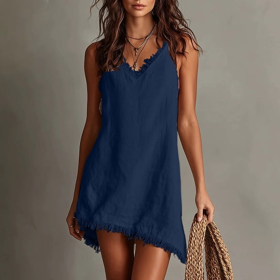 QUNYINEY Sleeveless Womens Sun Dresses Summer Casual A Line Blue Cotton Mini Slip Dress V-Neck Loose Fit Tassel Dresses