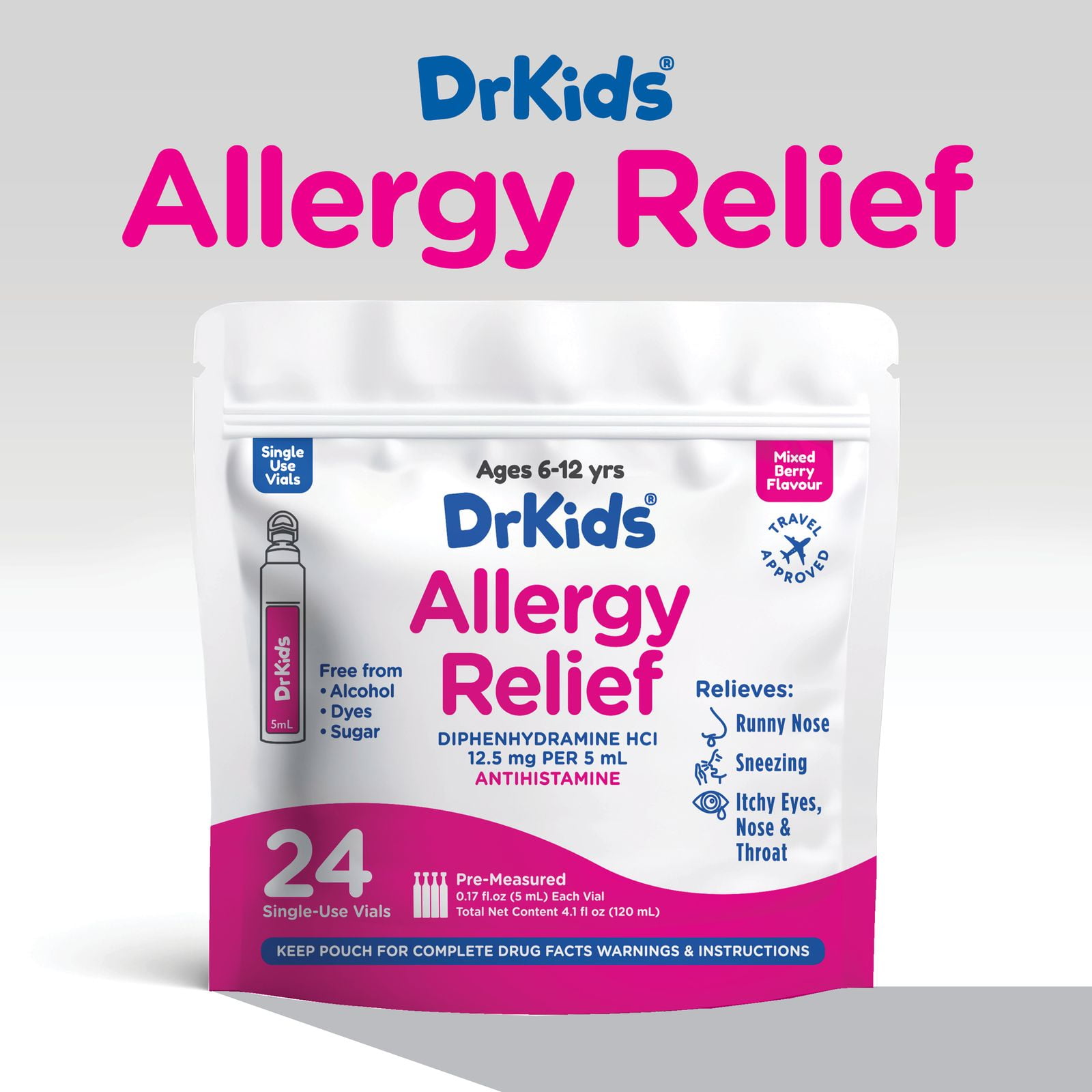DrKids Children's Allergy Relief Medicine with Diphenhydramine - Pre-Measured Single-Use Vials - Antihistamine for Sneezing, Runny Nose & Itchy Eyes, Mixed Berry Flavor, 24 count