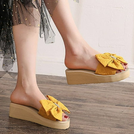 

Fashion Spring And Summer Women Slippers Bow Rhinestone Platform Wedge Sandals Beach Shoes Yellow 7.5
