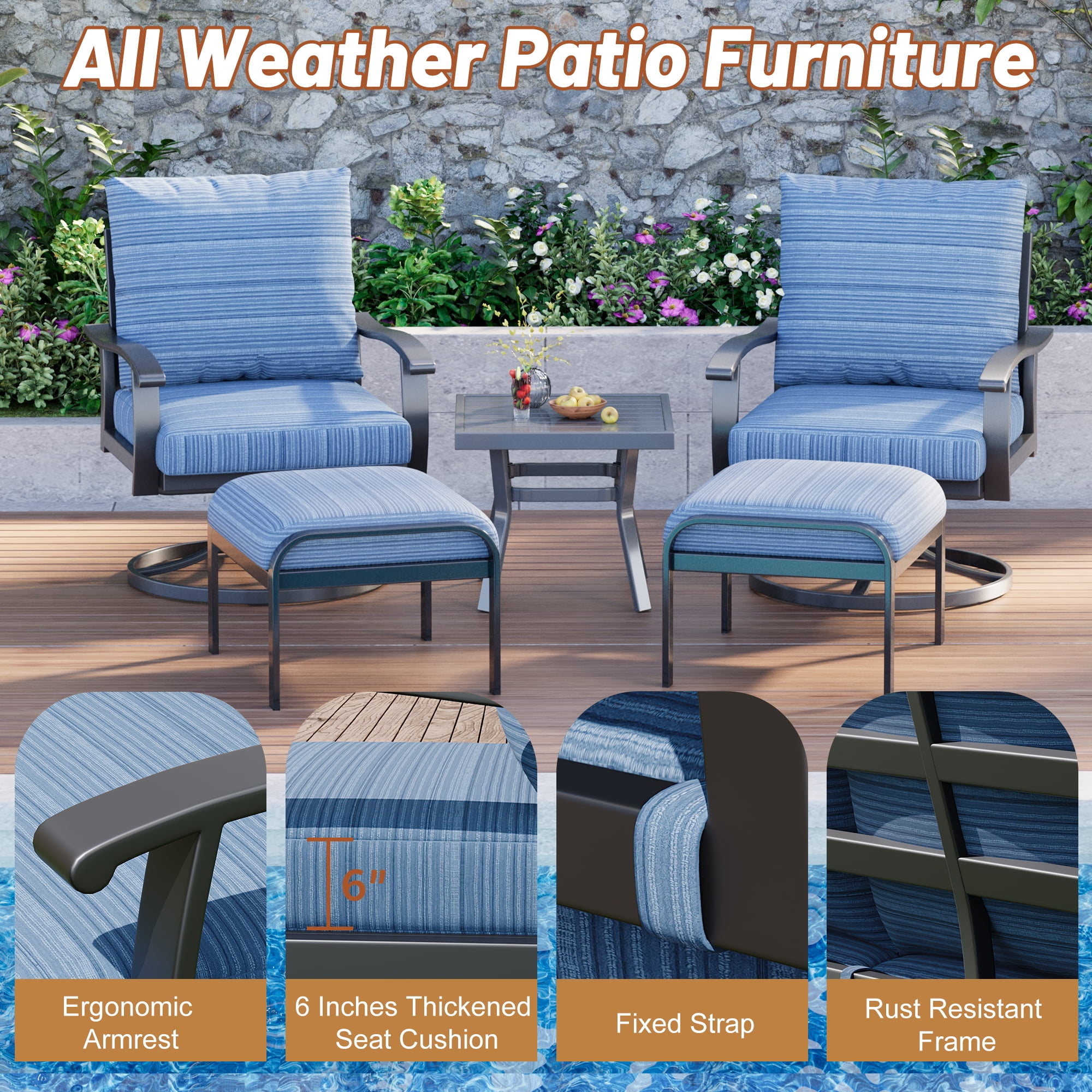 HOMREST Outdoor Swivel Rocker Patio Chairs with Ottomans and Coffee Table 5 PCS Bistro Set, 360 Degree Swivel Rocking Chair Patio Conversation Set with Thickened Cushion for Garden, Deck and Poolside
