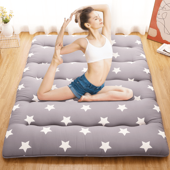 Full Size Japanese Futon Floor Mattress, 3 Inch Thick Roll Up Tatami Mat, Portable Futon Mattress with 5 Layer Construction, Foldable Floor Bed for Camping, Dorm, Guest Room, Grey