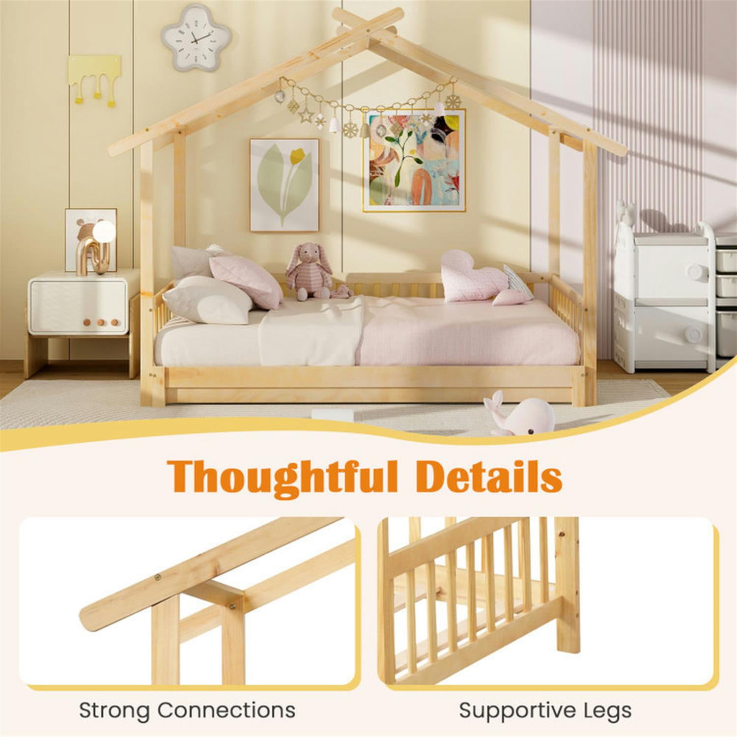 Demi Bonn Extendable House Bed Twin to King Daybed with Roof and Fence Rails, Modern Platform Bed Frames for Teens, Beige