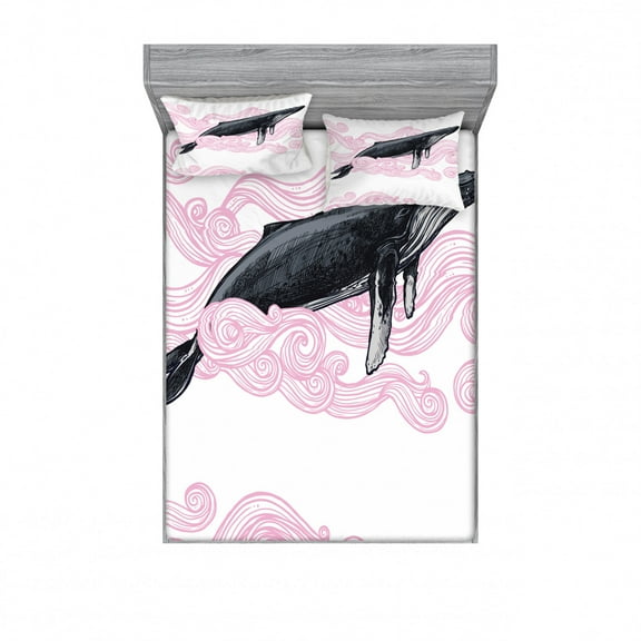 Ambesonne Animal Fitted Sheet & Pillow Sham Set, Striped Dreamy Whale, Queen, Pink Black and White