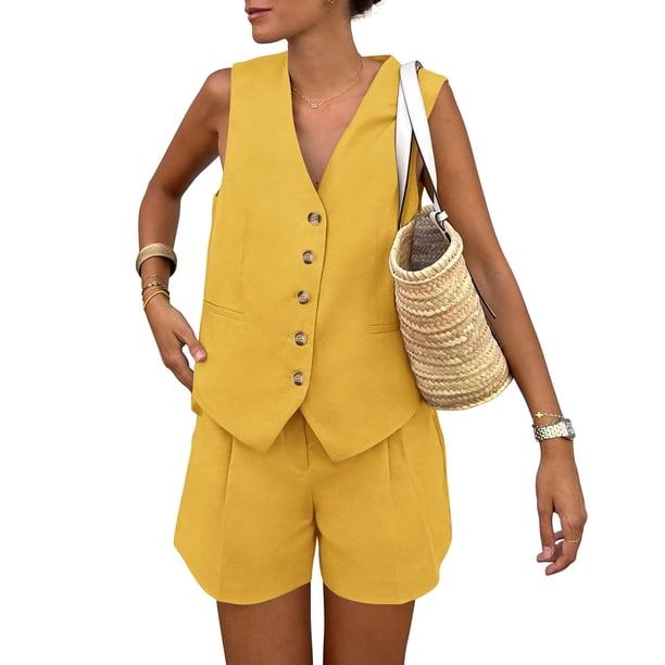 Conjunto Coordinado PRETTYGARDEN Chaleco sin Mangas con Botones y Shorts S