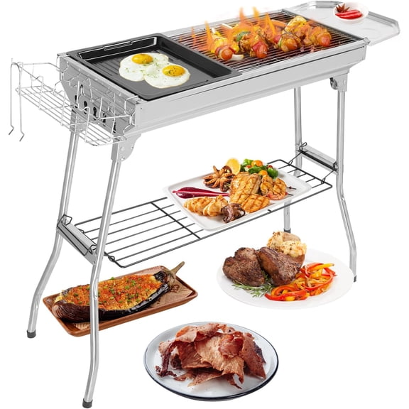 Portable Stainless Steel Charcoal Grill, Outdoor BBQ Grill with Dual Cooking Grates & Baking Tray, Lightweight Backyard Camping Picnic Barbecue Grill for Patio, Garden, Beach, Tailgating, Silver