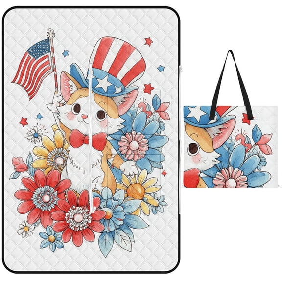 Patriotic Cat Floral Summer Design Outdoor Picnic Blanket, Foldable Waterproof Beach Mat, Portable Beach Blanket for Beach Camping, Hiking, Family Concerts