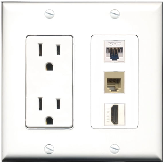Ultra Spec Cables 15 Amp Power Outlet 1 Port HDMI 1 Port Phone RJ11 RJ12 Beige 1 Port Cat5e Wall Plate