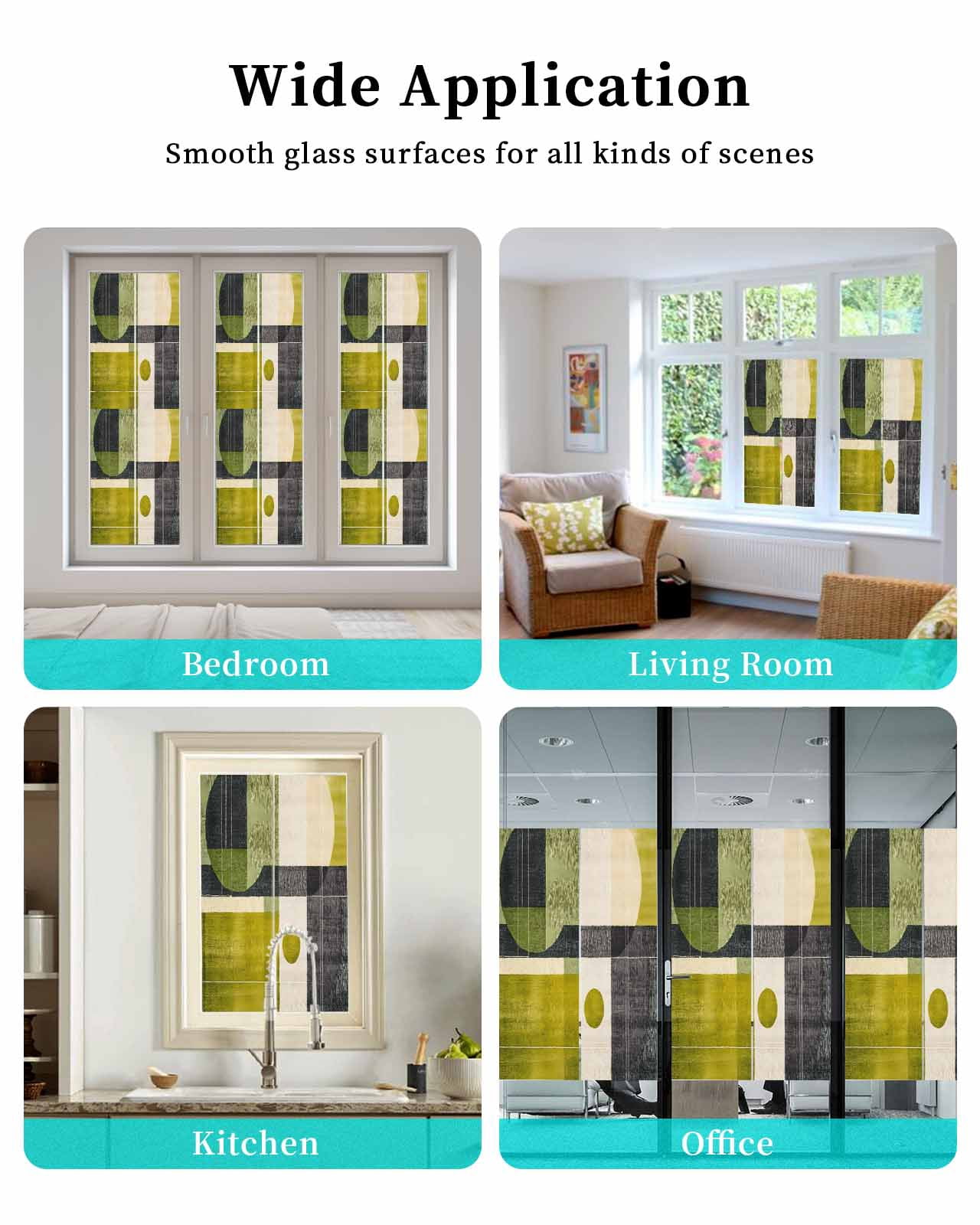 Window Privacy Film Geometric Green Stained Glass Window Film Decorative Sun Block Window Cover Middle Century Simple Abstract Art Window Clings Static Adhesive Sticker for Bathroom 23.6"x59"