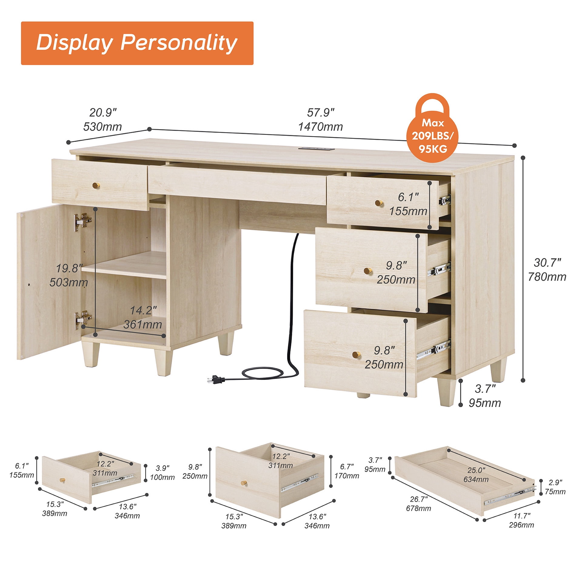 58" Executive Desk with 5 Drawers and 1 Door, Modern Farmhouse Home Office Computer Table with Charging Station, Light Oak