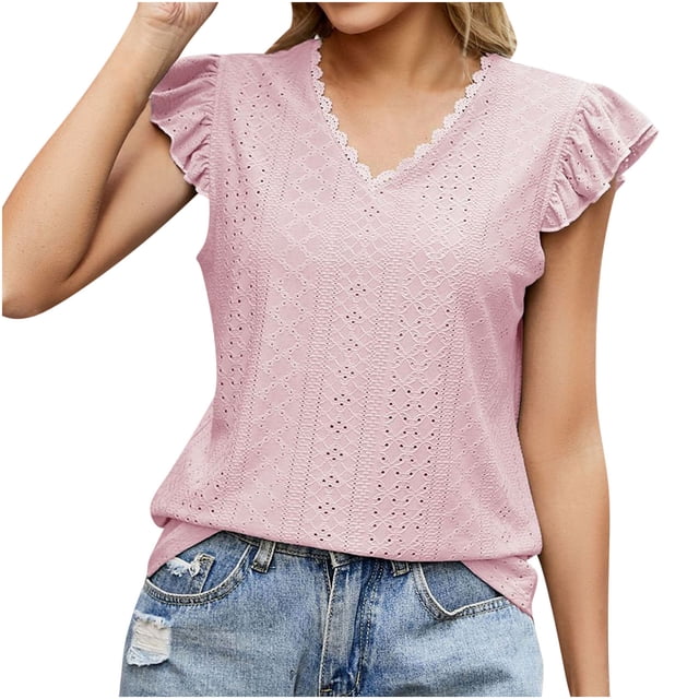 Pompotops T-Shirt à Col en V pour Femme, Ajouré, Manches Courtes, Haut Décontracté, Haut/chemise à Manches Courtes à Col en V, Liquidation