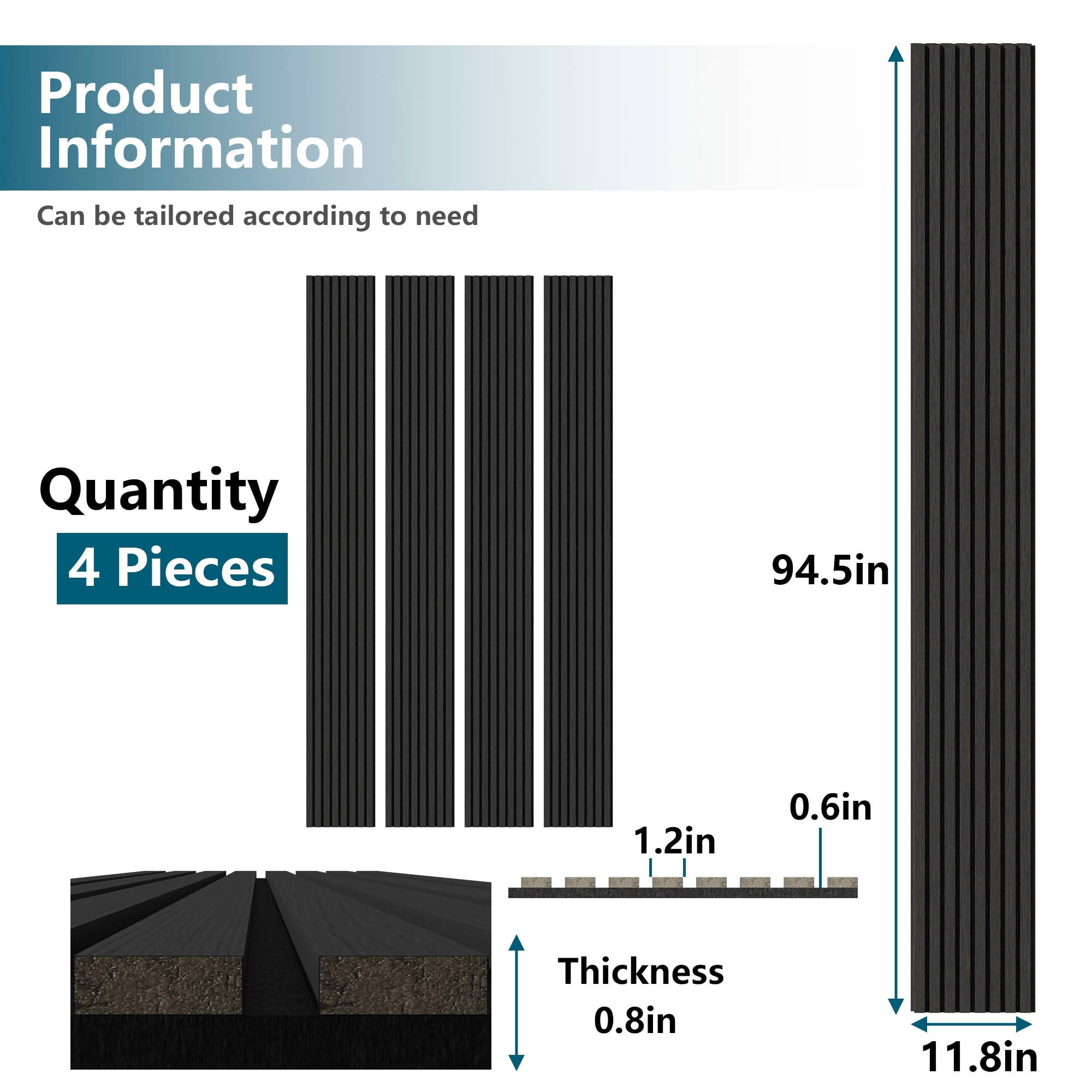 MAYEERTY Black Wood Veneer MDF Sound Absorbing Panel for Wall Decor, 94x12x1 Inch, 4 Pack