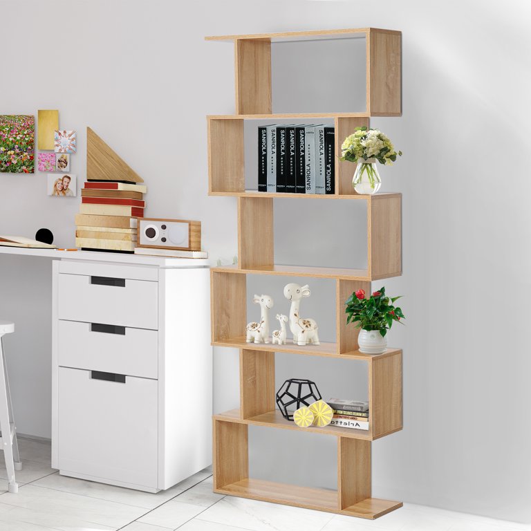 HOMCOM 75.5H Bookcase 6 Shelf S-Shaped Bookshelf Wooden Storage Display  Stand Shelf Organizer Free Standing Oak