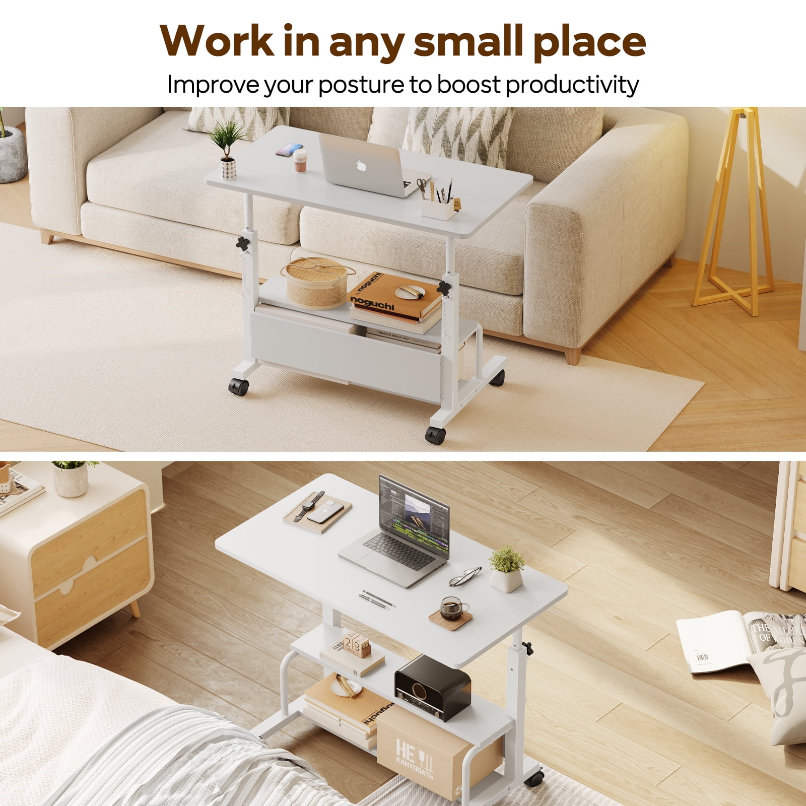 edx Height Adjustable Desk Standing Desk Small Desk for Small Spaces, Mobile Rolling Computer Desk on Wheels, Portable Desks Study Table for Home Office,White