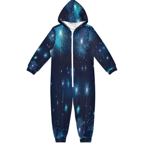 Soft Big Kids Onesie Pajamas Cozy Loose-Fit Jumpsuits for kids with Pockets for Christmas Lounge & Play Blue Fireworks