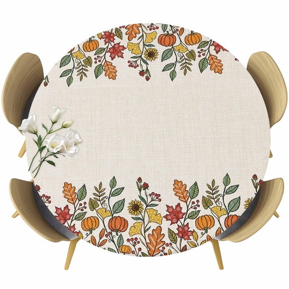 Round Table Cover 36-44 Inch Fall Maple Leaf Waterproof Reusable Table Cloth Round Fitted Vinyl Tablecloth with Elastic Edged for Parties Outdoors, Thanksgiving Pumpkin Botanical Harvest Beige
