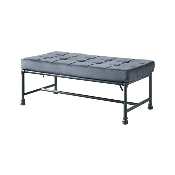 Benjara Bench with Button Tufted Seat and Pipe Style Metal Frame, Gray