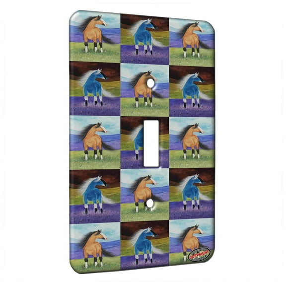 KuzmarK™ Single Gang Toggle Switch Wall Plate - Buckskin Mustang Wild Horse Pattern Art by Denise Every