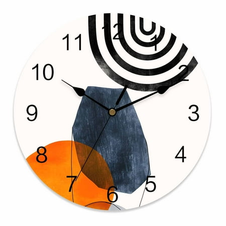 Silent Wall Clocks Battery Operated, Boho Mid Century Modern Round Decorative Wall Clock for Living Room Bedroom Kitchen Bathroom Classroom Decor, 10 Inch Orange Navy Blue Beige
