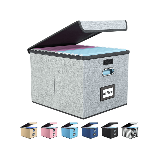 Upgraded Portable File Organizer Box With Lid With Plastic Slide, Decorative Collapsible Linen Hanging Home/Office Filing System Box For File And Fold