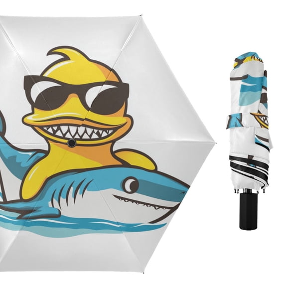 Happy Duck with Fish All Weather Umbrella Triple Folding Parasol 6 Ribs UV Protection Portable