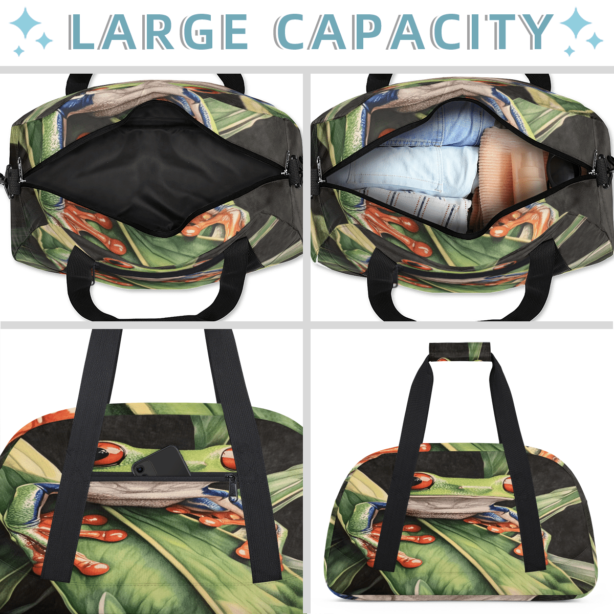 Herdesigns Forest Tree Frog Sports Duffle Bags Travel Duffle Bag Gym Bag Animals Palm Leaves Weekender Travel Bag Waterproof Overnight Bag Carry On Travel Tote Bag Dance Bags