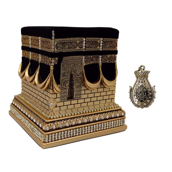 Modefa Islamic Turkish Home Table Decor Kaba Replica Model Showpiece Eid Gift Gold Free Car Hanger (Gold, Small)