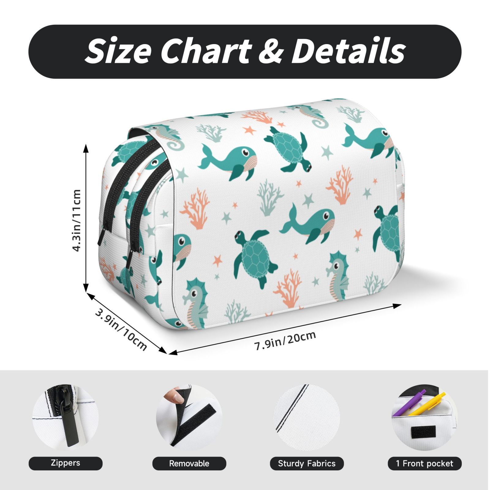 Rateoe Turtles And Seahorses Pattern Double Clamshell Pen Case, Storage Organizer with Two Zipper Compartments– Holds Up to 50 Pencils & Pens