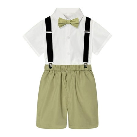 

Kids Boys Casual British Style Short Sleeved Shirt And Suspenders Shorts Bow Tie Children Performance Suit 4 Piece Sizes 3-4