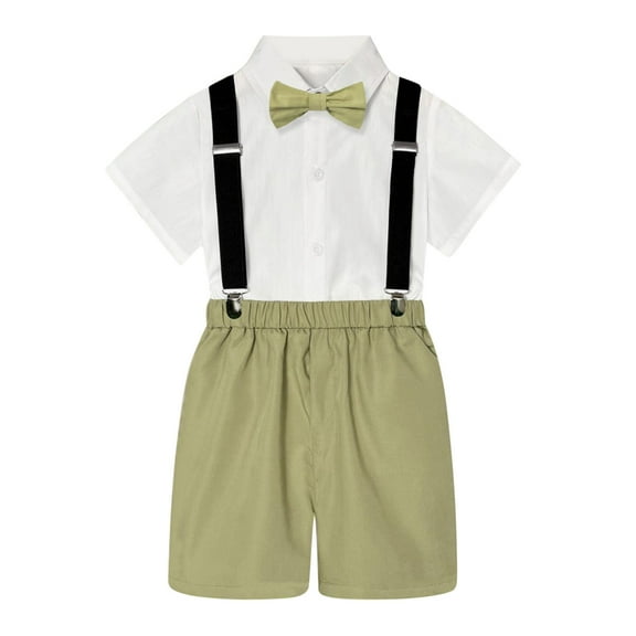Fsqjgq Baby Boy Clothes 1-2 Years Boys' Fashion Clothing Kids Boys Summer British Short Sleeved Shirt Suspenders Shorts Bow Tie 4PC Children Performance Suit Cute Clothing Sets 3T Boys Pajamas